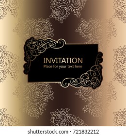 Abstract background with roses, luxury black and gold vintage frame, victorian banner, damask floral wallpaper ornaments, invitation card, baroque style booklet, fashion pattern, template for design