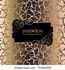Abstract background with roses, luxury black and gold vintage frame, victorian banner, damask floral wallpaper ornaments, invitation card, baroque style booklet, fashion pattern, template for design