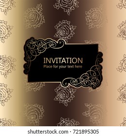 Abstract background with roses, luxury black and gold vintage frame, victorian banner, damask floral wallpaper ornaments, invitation card, baroque style booklet, fashion pattern, template for design