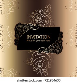 Abstract background with roses, luxury black and gold vintage frame, victorian banner, damask floral wallpaper ornaments, invitation card, baroque style booklet, fashion pattern, template for design