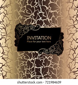 Abstract background with roses, luxury black and gold vintage frame, victorian banner, damask floral wallpaper ornaments, invitation card, baroque style booklet, fashion pattern, template for design