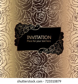 Abstract background with roses, luxury black and gold vintage frame, victorian banner, damask floral wallpaper ornaments, invitation card, baroque style booklet, fashion pattern, template for design