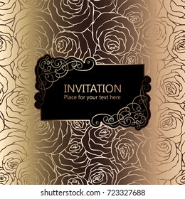 Abstract background with roses, luxury black and gold vintage frame, victorian banner, damask floral wallpaper ornaments, invitation card, baroque style booklet, fashion pattern, template for design