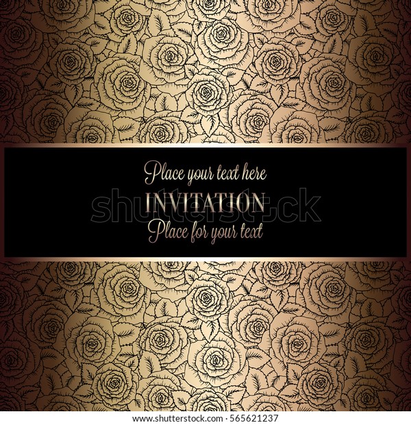 Abstract background with roses, luxury black and\
gold vintage tracery made of roses, damask floral wallpaper\
ornaments, invitation card, baroque style booklet, fashion pattern,\
template for design.
