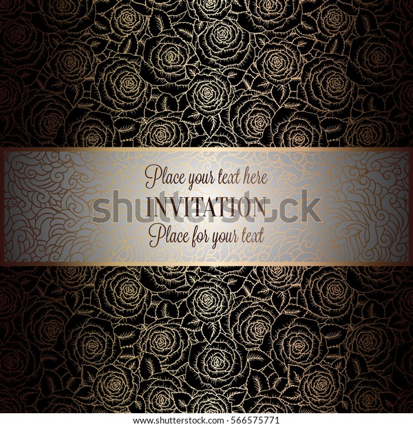 Abstract background with roses, luxury black and\
gold vintage tracery made of roses, damask floral wallpaper\
ornaments, invitation card, baroque style booklet, fashion pattern,\
template for design.