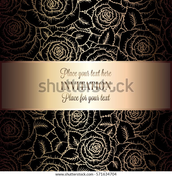 Abstract background with roses, luxury black and
gold vintage tracery made of roses, damask floral wallpaper
ornaments, invitation card, baroque style booklet, fashion pattern,
template for design.