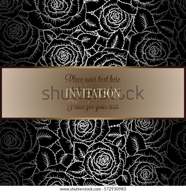 Abstract background with roses, luxury black,\
beige and silver vintage tracery made of roses, damask floral\
wallpaper ornaments, invitation card, baroque style booklet,\
fashion pattern,\
template.