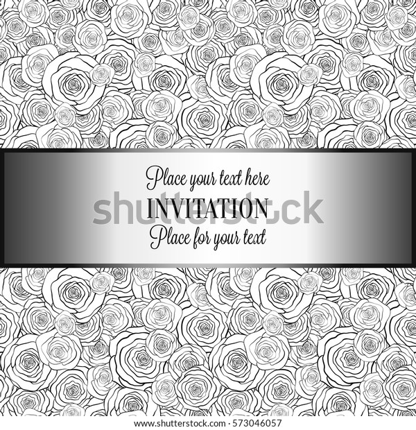 Abstract background with roses, luxury black and\
silver vintage frame, victorian banner, damask floral wallpaper\
ornaments, invitation card, baroque style booklet, fashion pattern,\
template for design