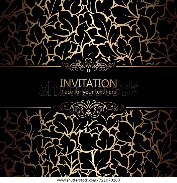 Abstract background with roses, luxury black and\
gold vintage frame, victorian banner, damask floral wallpaper\
ornaments, invitation card, baroque style booklet, fashion pattern,\
template for design.