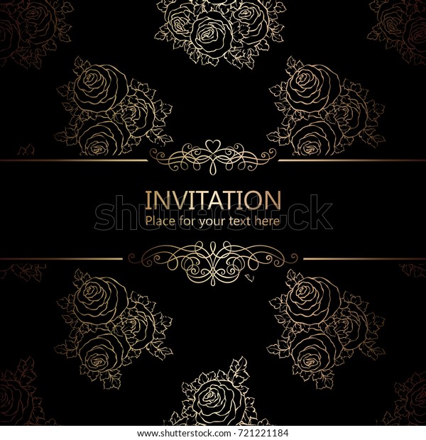 Abstract background with roses, luxury black and\
gold vintage frame, victorian banner, damask floral wallpaper\
ornaments, invitation card, baroque style booklet, fashion pattern,\
template for design