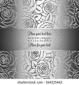 Abstract background with roses, luxury gray and metal silver vintage tracery made of roses, damask floral wallpaper ornaments, invitation card, baroque style booklet, fashion pattern
