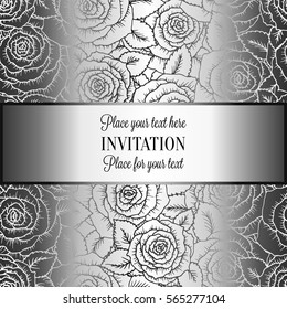 Abstract background with roses, luxury gray and metal silver vintage tracery made of roses, damask floral wallpaper ornaments, invitation card, baroque style booklet, fashion pattern, template