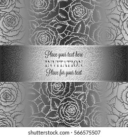 Abstract background with roses, luxury gray and metal silver vintage tracery made of roses, damask floral wallpaper ornaments, invitation card, baroque style booklet, fashion pattern