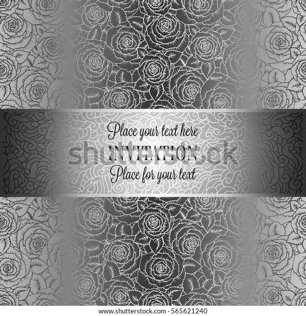 Abstract background with roses, luxury gray and metal\
silver vintage tracery made of roses, damask floral wallpaper\
ornaments, invitation card, baroque style booklet, fashion pattern,\
template 