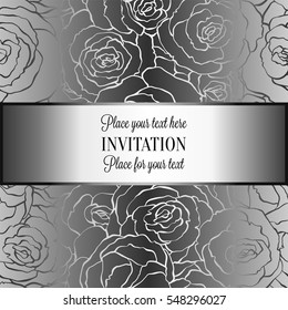 Abstract background with roses, luxury metal silver vintage tracery made of roses, damask floral wallpaper ornaments, invitation card, baroque style booklet, fashion pattern, template for design