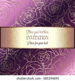 Abstract background with roses, luxury pink and gold vintage frame, victorian banner, damask floral wallpaper ornaments, invitation card, baroque style booklet, fashion pattern, design template