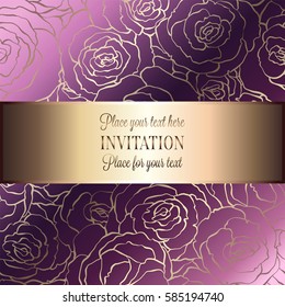 Abstract background with roses, luxury pink and gold vintage frame, victorian banner, damask floral wallpaper ornaments, invitation card, baroque style booklet, fashion pattern, design template