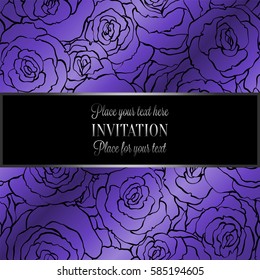 Abstract background with roses, luxury purple, violet and gold vintage frame, victorian banner, damask floral wallpaper ornaments, invitation card, baroque style booklet, fashion pattern, design