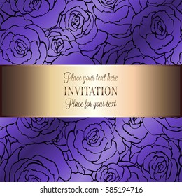 Abstract background with roses, luxury purple, violet and gold vintage frame, victorian banner, damask floral wallpaper ornaments, invitation card, baroque style booklet, fashion pattern, design