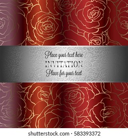 Abstract background with roses, luxury royal red and gold vintage frame, victorian banner, damask floral wallpaper ornaments, invitation card, baroque style booklet, fashion pattern, design template.