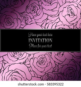 Abstract background with roses, luxury royal pink and gold vintage frame, victorian banner, damask floral wallpaper ornaments, invitation card, baroque style booklet, fashion pattern, design template.