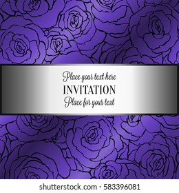 Abstract background with roses, luxury royal purple, violet and gold vintage frame, victorian banner, damask floral wallpaper ornaments, invitation card, baroque style booklet, fashion pattern