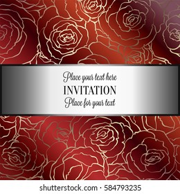 Abstract background with roses, luxury royal red and gold vintage frame, victorian banner, damask floral wallpaper ornaments, invitation card, baroque style booklet, fashion pattern, design template.