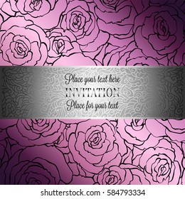 Abstract background with roses, luxury royal pink and gold vintage frame, victorian banner, damask floral wallpaper ornaments, invitation card, baroque style booklet, fashion pattern, design template.