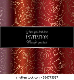 Abstract background with roses, luxury royal red and gold vintage frame, victorian banner, damask floral wallpaper ornaments, invitation card, baroque style booklet, fashion pattern, design template.