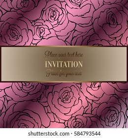 Abstract background with roses, luxury royal pink and gold vintage frame, victorian banner, damask floral wallpaper ornaments, invitation card, baroque style booklet, fashion pattern, design template.