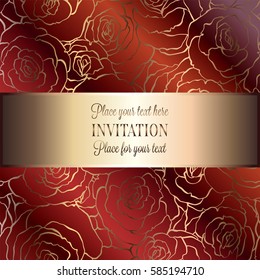 Abstract background with roses, luxury royal red and gold vintage frame, victorian banner, damask floral wallpaper ornaments, invitation card, baroque style booklet, fashion pattern, design template