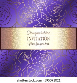 Abstract Background With Roses, Luxury Royal Purple, Violet And Gold Vintage Frame, Victorian Banner, Damask Floral Wallpaper Ornaments, Invitation Card, Baroque Style Booklet, Fashion Pattern