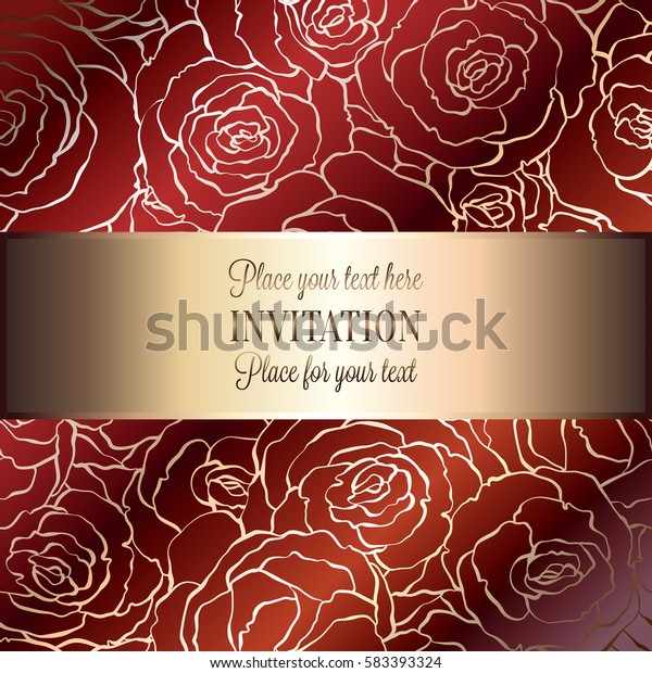Abstract background with roses, luxury royal
red and gold vintage frame, victorian banner, damask floral
wallpaper ornaments, invitation card, baroque style booklet,
fashion pattern, design
template.