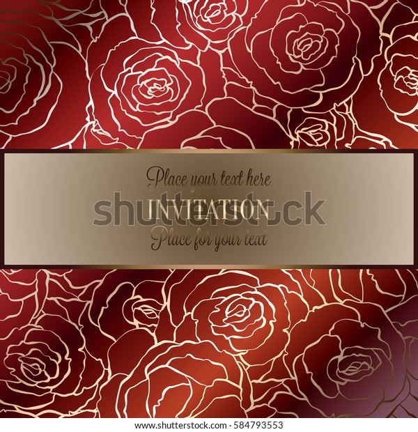 Abstract background with roses, luxury royal\
red and gold vintage frame, victorian banner, damask floral\
wallpaper ornaments, invitation card, baroque style booklet,\
fashion pattern, design\
template.