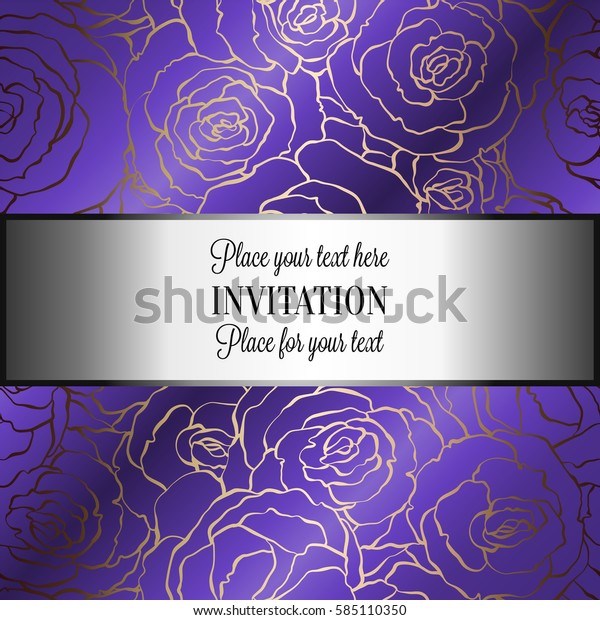 Abstract background with roses, luxury royal\
purple, violet and gold vintage frame, victorian banner, damask\
floral wallpaper ornaments, invitation card, baroque style booklet,\
fashion pattern