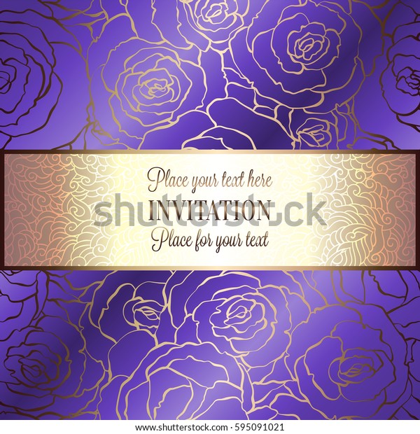Abstract background with roses, luxury royal\
purple, violet and gold vintage frame, victorian banner, damask\
floral wallpaper ornaments, invitation card, baroque style booklet,\
fashion pattern