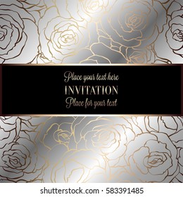 Abstract background with roses, luxury silver and gold metallic vintage frame, victorian banner, damask floral wallpaper ornaments, invitation card, baroque style booklet, fashion pattern