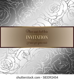 Abstract background with roses, luxury silver metallic vintage frame, victorian banner, damask floral wallpaper ornaments, invitation card, baroque style booklet, fashion pattern, template for design