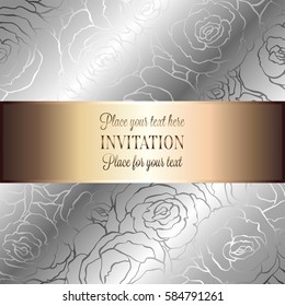 Abstract background with roses, luxury silver metallic vintage frame, victorian banner, damask floral wallpaper ornaments, invitation card, baroque style booklet, fashion pattern, template for design