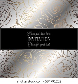Abstract background with roses, luxury silver and gold metallic vintage frame, victorian banner, damask floral wallpaper ornaments, invitation card, baroque style booklet, fashion pattern