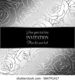 Abstract background with roses, luxury silver metallic vintage frame, victorian banner, damask floral wallpaper ornaments, invitation card, baroque style booklet, fashion pattern, template for design
