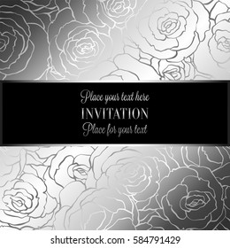 Abstract background with roses, luxury silver metallic vintage frame, victorian banner, damask floral wallpaper ornaments, invitation card, baroque style booklet, fashion pattern, template for design
