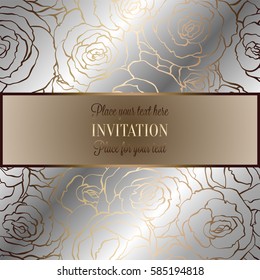 Abstract background with roses, luxury silver and gold metallic vintage frame, victorian banner, damask floral wallpaper ornaments, invitation card, baroque style booklet, fashion pattern.
