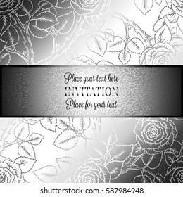 Abstract background with roses, luxury silver vintage frame, victorian banner, damask floral wallpaper ornaments, invitation card, baroque style booklet, fashion pattern, template for design.