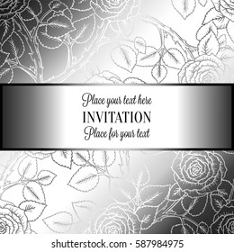 Abstract background with roses, luxury silver vintage frame, victorian banner, damask floral wallpaper ornaments, invitation card, baroque style booklet, fashion pattern, template for design.