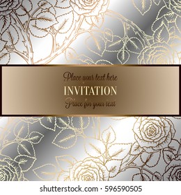 Abstract background with roses, luxury silver and gold vintage frame, victorian banner, damask floral wallpaper ornaments, invitation card, baroque style booklet, fashion pattern, template for design.