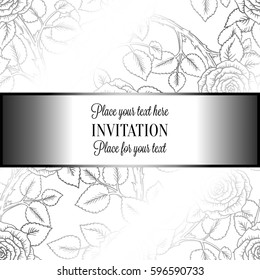 Abstract background with roses, luxury silver vintage frame, victorian banner, damask floral wallpaper ornaments, invitation card, baroque style booklet, fashion pattern, template for design.