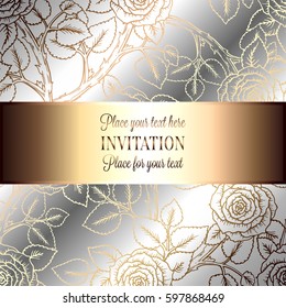 Abstract background with roses, luxury silver and gold vintage frame, victorian banner, damask floral wallpaper ornaments, invitation card, baroque style booklet, fashion pattern, template for design.