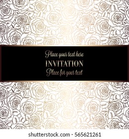 Abstract background with roses, luxury white and gold vintage tracery made of roses, damask floral wallpaper ornaments, invitation card, baroque style booklet, fashion pattern, template for design.