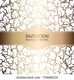 Abstract background with roses, luxury white and gold vintage frame, victorian banner, damask floral wallpaper ornaments, invitation card, baroque style booklet, fashion pattern, template for design